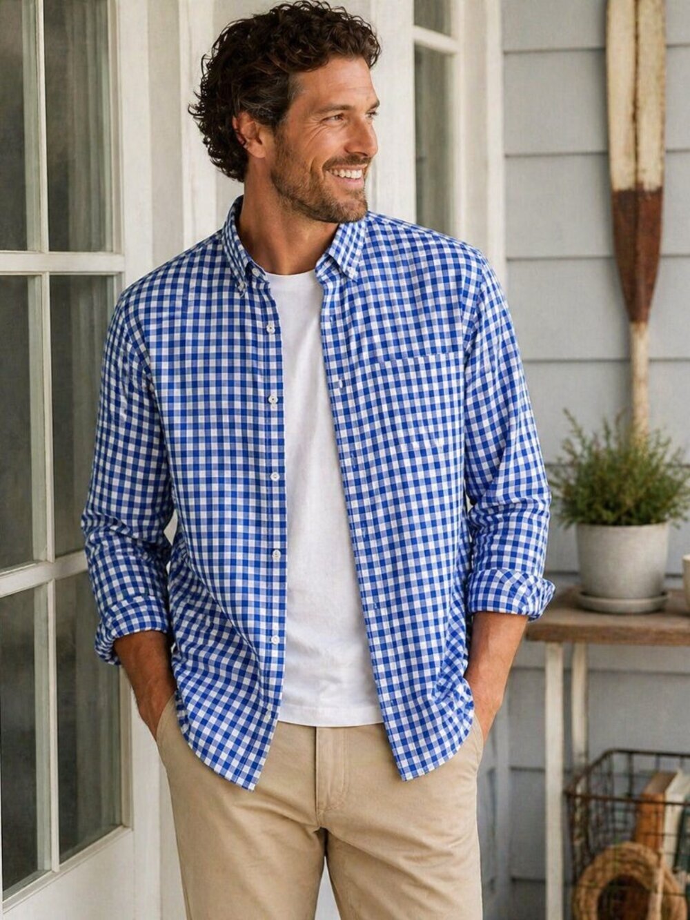 Boden Men’s XXL Blue Check Button Down Shirt Slim Fit Cotton Preppy